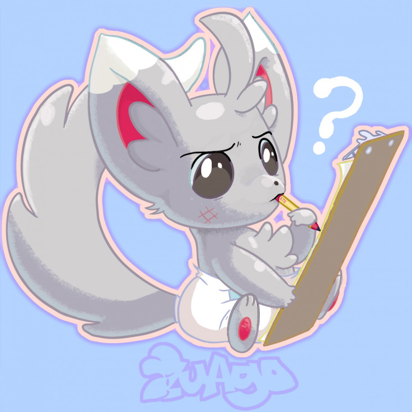 1:1 2016 ? blue_background chest_tuft clipboard diaper ear_tuft fur grey_body grey_fur hi_res holding_clipboard holding_pencil minccino nintendo pok&eacute;mon pok&eacute;mon_(species) simple_background sitting solo thinking tuft video_games zuago