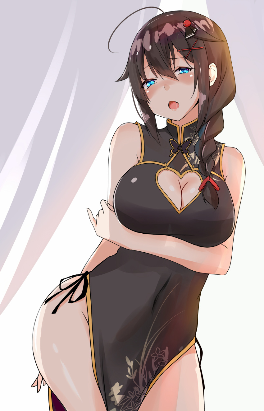 1girl absurdres ahoge bare_shoulders blue_eyes blush braid breast_hold breasts brown_hair china_dress chinese_clothes cleavage dress groin hair_ornament hairclip heart heart-shaped_pupils highres kantai_collection large_breasts long_hair looking_at_viewer no_panties open_mouth remodel_(kantai_collection) saku_(kudrove) shigure_(kantai_collection) single_braid solo symbol-shaped_pupils