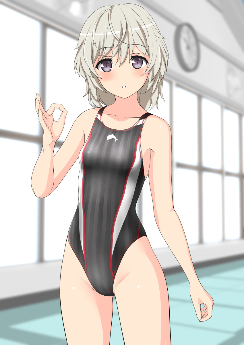 1girl absurdres black_swimsuit breasts collarbone commentary_request cowboy_shot high_school_fleet highres indoors logo looking_at_viewer ok_sign parted_lips purple_eyes short_hair silver_hair small_breasts solo standing striped striped_swimsuit swimsuit takafumi tateishi_shima