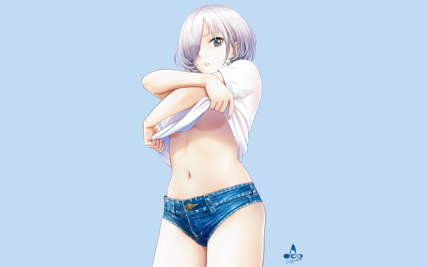 black_eyes blue breasts gray_hair infinote no_bra original short_hair shorts signed third-party_edit undressing