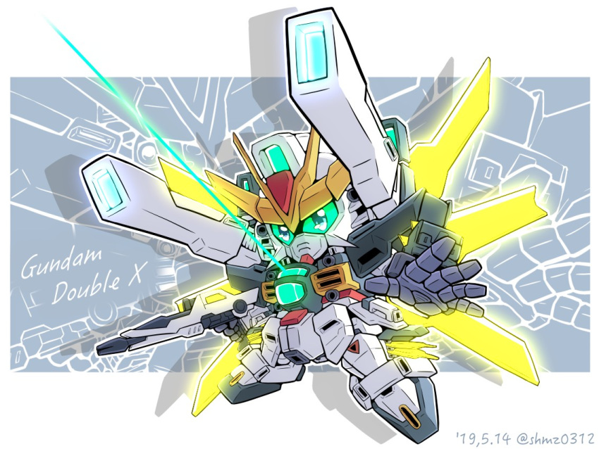 after_war_gundam_x beam_rifle blue_eyes character_name chibi energy_gun gun gundam gundam_double_x holding holding_gun holding_weapon mecha no_humans open_hand satellite_cannon shokkaa_(shmz61312) shoulder_cannon solo weapon zoom_layer