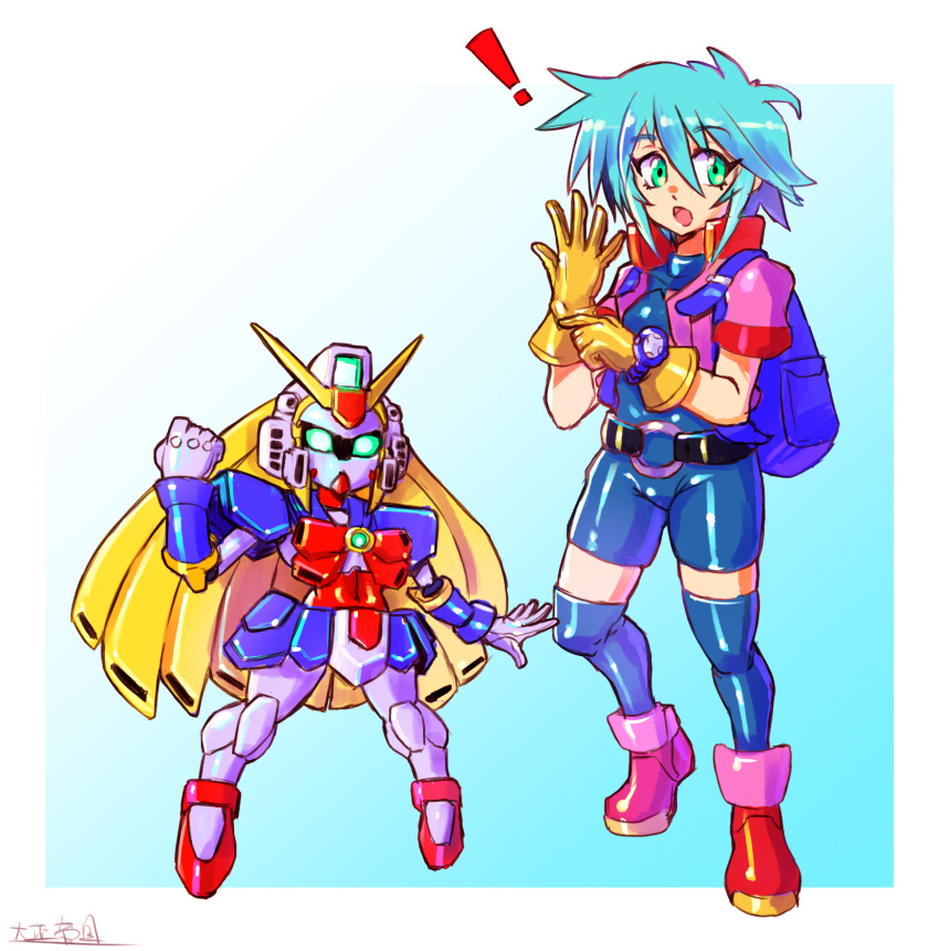 1girl allenby_beardsley backpack bag bike_shorts blue_hair crossover g_gundam gloves glowing glowing_eyes gradient gradient_background green_eyes gundam highres mecha medarot nobel_gundam oomasa_teikoku open_hand robot short_hair yellow_gloves