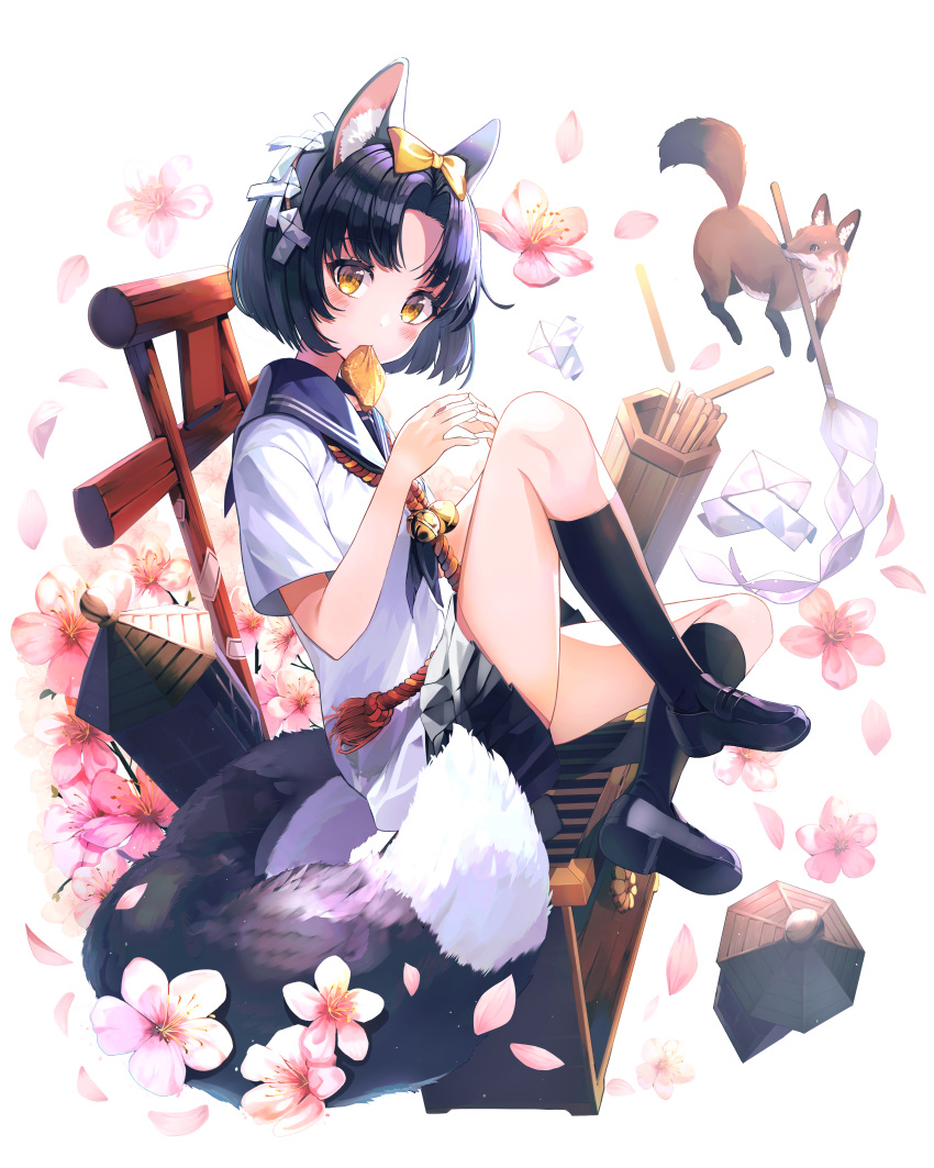 1girl absurdres aburaage animal animal_ear_fluff animal_ears animal_ears_(artist) bell black_footwear black_hair black_legwear bow box commentary donation_box flower food food_in_mouth fox fox_ears fox_tail full_body gohei hair_bow highres jingle_bell kneehighs looking_at_viewer mouth_hold omikuji original sailor_collar shoes short_hair short_sleeves simple_background sitting solo steepled_fingers tail torii white_background yellow_bow yellow_eyes