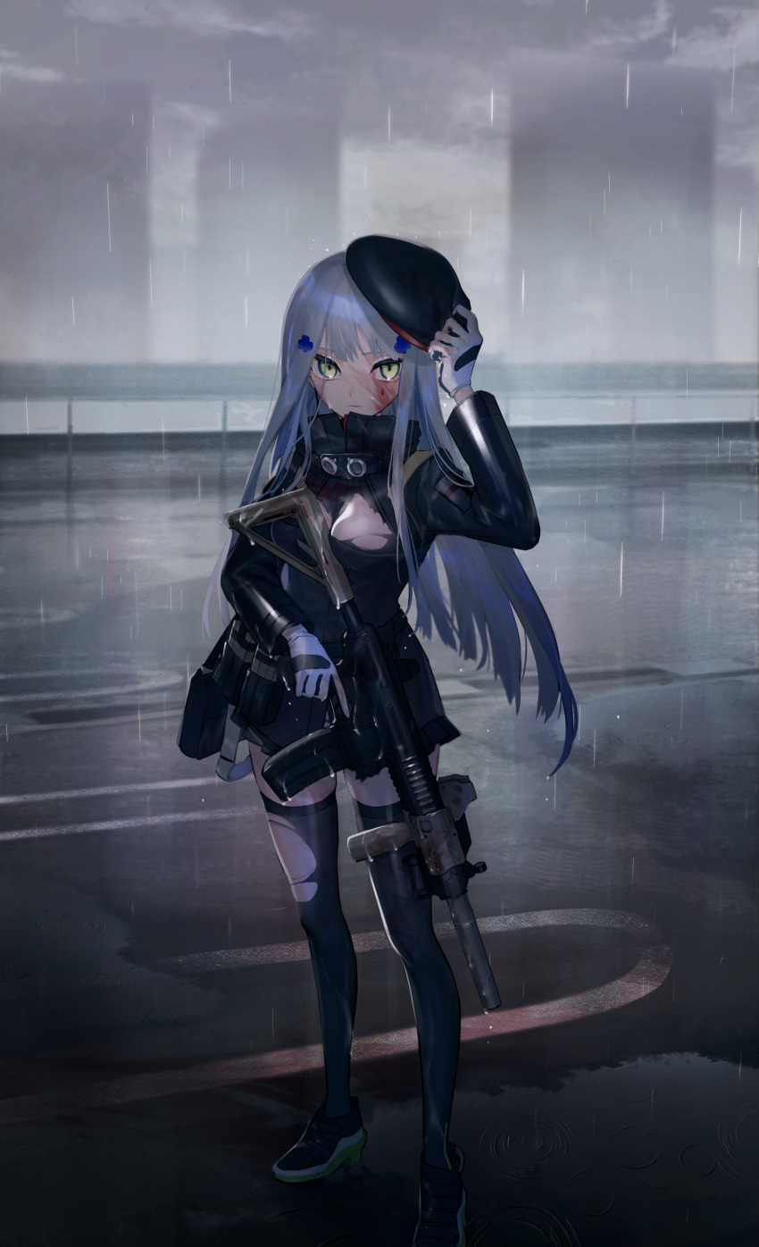 1girl absurdres assault_rifle bangs beret black_legwear blood blood_on_face blunt_bangs breasts cityscape cloud cloudy_sky facial_mark full_body girls_frontline gloves green_eyes gun h&amp;k_hk416 haizome_senri hat highres hk416_(girls_frontline) holding holding_weapon long_hair long_sleeves medium_breasts military_jacket outdoors plaid plaid_skirt rain rifle silver_hair skirt sky solo standing thighhighs torn_clothes torn_jacket torn_legwear weapon white_gloves