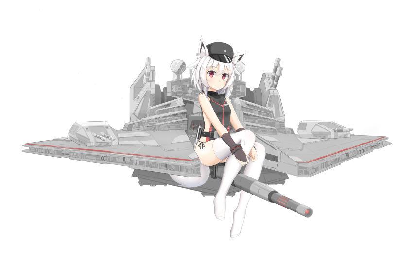 1girl absurdres animal_ears black_gloves black_headwear black_panties bridal_gauntlets energy_gun english_commentary gloves hat highres machinery mecha_musume military_hat mofftarkin original panties personification red_eyes short_hair side-tie_panties simple_background space_craft star_wars tail thighhighs turret underwear weapon white_background white_hair white_legwear