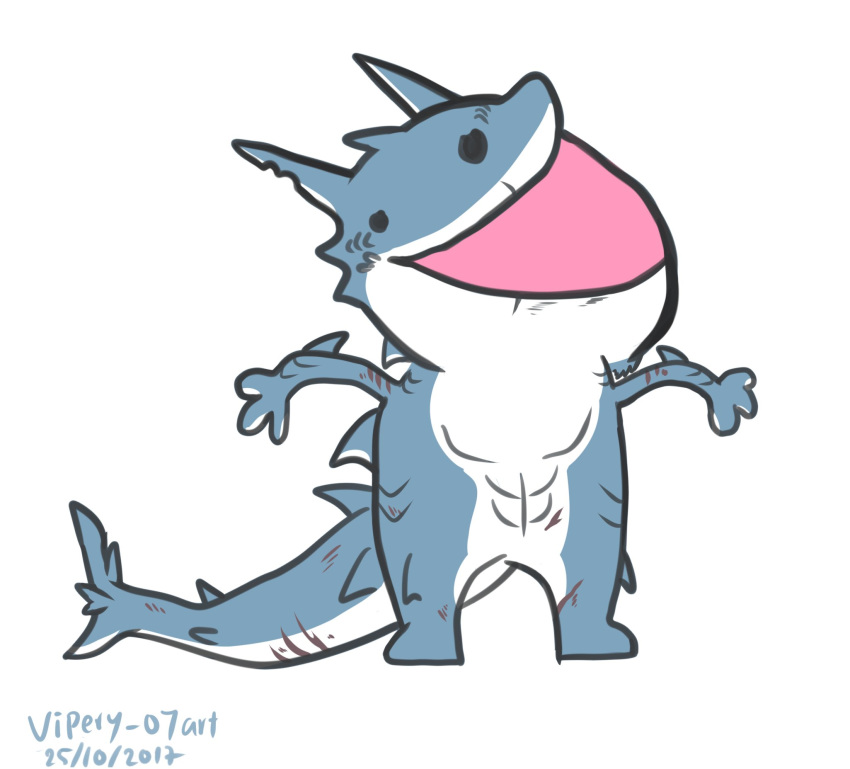 anthro blue_body egan fan_character fish hi_res humor male marine multicolored_body muscular muscular_anthro muscular_male open_mouth open_smile scar shark simple_background smile solo two_tone_body vipery-07 white_background white_body