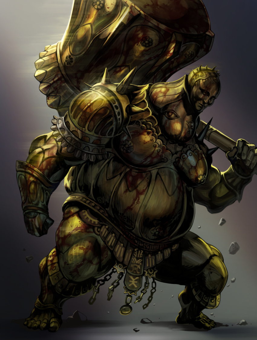 1boy armor blood breastplate chain clenched_hand dark_souls full_armor gauntlets glint hammer helmet highres holding holding_hammer holding_weapon huge_weapon male_focus over_shoulder pauldrons rock shoulder_armor solo souls_(from_software) spikes standing touge_(kubiwa_tsuki) weapon weapon_over_shoulder