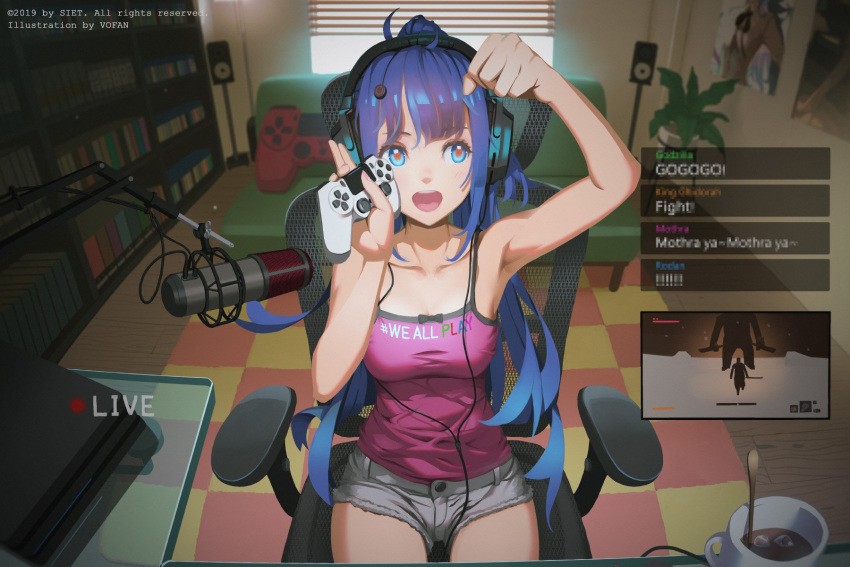1girl ai-chan_(playstation) armpits artist_name bare_arms bare_shoulders belt black_bow blinds blue_eyes blurry blurry_background book bookshelf bow breasts censored chair chat_log cleavage clenched_hands clothes_writing coffee_mug controller couch cup depth_of_field dualshock earphones fake_censor fingernails fisheye fur-trimmed_shorts fur_trim game_console game_controller gamepad grey_shorts highres holding_game_controller ice ice_cube iced_coffee indoors large_breasts livestream long_hair microphone mug nail_polish office_chair painting_(object) pink_nails pink_shirt plant playstation_4 potted_plant purple_hair recording red_pupils round_teeth rug sekiro sekiro:_shadows_die_twice shirt short_shorts shorts sitting sleeveless sleeveless_shirt solo sony spaghetti_strap speaker spoon teeth upper_teeth vofan window