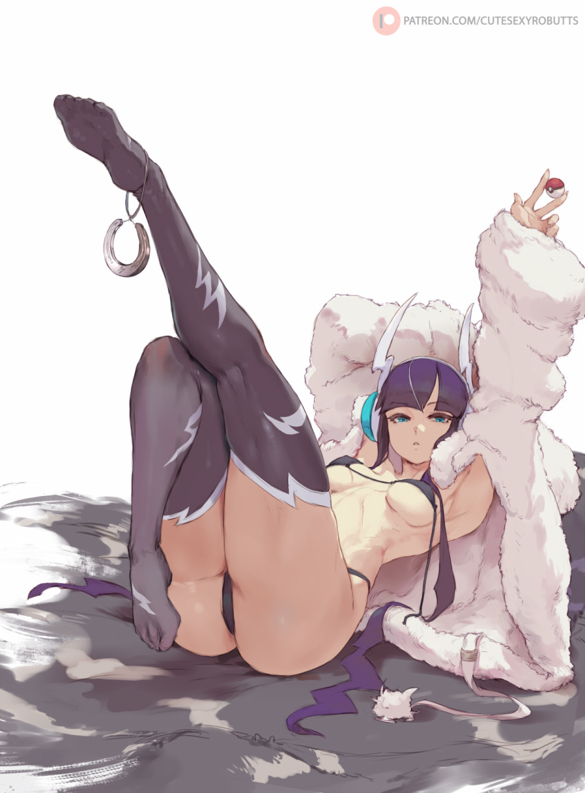 1girl ass bikini black_bikini black_hair black_legwear blue_eyes breasts coat commentary cutesexyrobutts fur_coat highres horseshoe kamitsure_(pokemon) leg_up lying nintendo on_back pinup pokemon pokemon_(game) pokemon_bw pokemon_bw2 short_hair simple_background solo swimsuit tall thick_thighs thighhighs thighs white_background