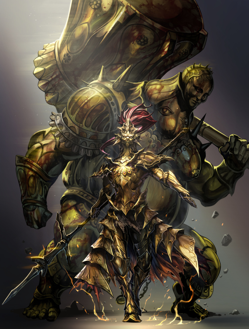 1boy 2boys absurdres armor blood breastplate chain clenched_hand dark_souls dragon_slayer_ornstein electricity full_armor gauntlets glint hammer helmet highres holding holding_hammer holding_spear holding_weapon huge_weapon male_focus multiple_boys over_shoulder pauldrons polearm rock shoulder_armor solo souls_(from_software) spear spikes standing touge_(kubiwa_tsuki) vambraces walking weapon weapon_over_shoulder