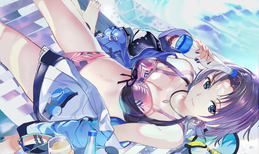 119 1girl asakura_tooru bangs barefoot beach_chair bikini black_bikini black_hair blue_eyes bottle bracelet breasts cleavage collarbone from_above front-tie_bikini front-tie_top highres holding holding_bottle idolmaster idolmaster_shiny_colors jacket jewelry layered_bikini leaf_print looking_at_viewer lying medium_breasts nail_polish necklace on_back open_clothes open_jacket parted_bangs pool poolside short_hair smile solo swimsuit two-tone_jacket water