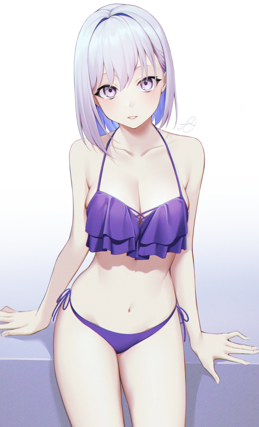 1girl absurdres arm_support bangs bare_shoulders bikini breasts cleavage collarbone commentary_request fifty1202 frilled_bikini frills hair_between_eyes halterneck highres large_breasts looking_at_viewer navel original pale_skin parted_lips purple_bikini purple_eyes short_hair side-tie_bottom silver_hair stomach swimsuit thighs