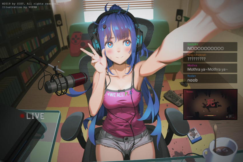 1girl ai-chan_(playstation) armpits artist_name bare_arms bare_shoulders belt black_bow blinds blue_eyes blurry blurry_background blush book bookshelf bow breasts broken censored chair chat_log cleavage closed_mouth clothes_writing coffee_mug couch cup depth_of_field dutch_angle earphones fake_censor fingernails fisheye foreshortening fur-trimmed_shorts fur_trim game_console grey_shorts hand_up highres ice ice_cube iced_coffee indoors keyboard_(computer) large_breasts livestream long_hair messy_room microphone mug nail_polish office_chair painting_(object) pink_nails pink_shirt plant playstation_4 potted_plant purple_hair recording red_pupils round_teeth rug sekiro sekiro:_shadows_die_twice self_shot shirt short_shorts shorts sitting sleeveless sleeveless_shirt smile solo sony spaghetti_strap speaker spill spoon sweat teeth upper_teeth vofan w window you_died