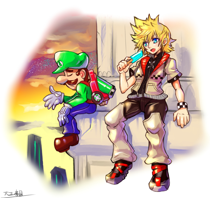 2boys blonde_hair blue_eyes bracelet brown_hair crossover facial_hair food gloves green_headwear highres jewelry kingdom_hearts ledge looking_to_the_side luigi luigi's_mansion_3 mario_(series) multiple_boys mustache oomasa_teikoku open_hand popsicle roxas sad sitting white_gloves