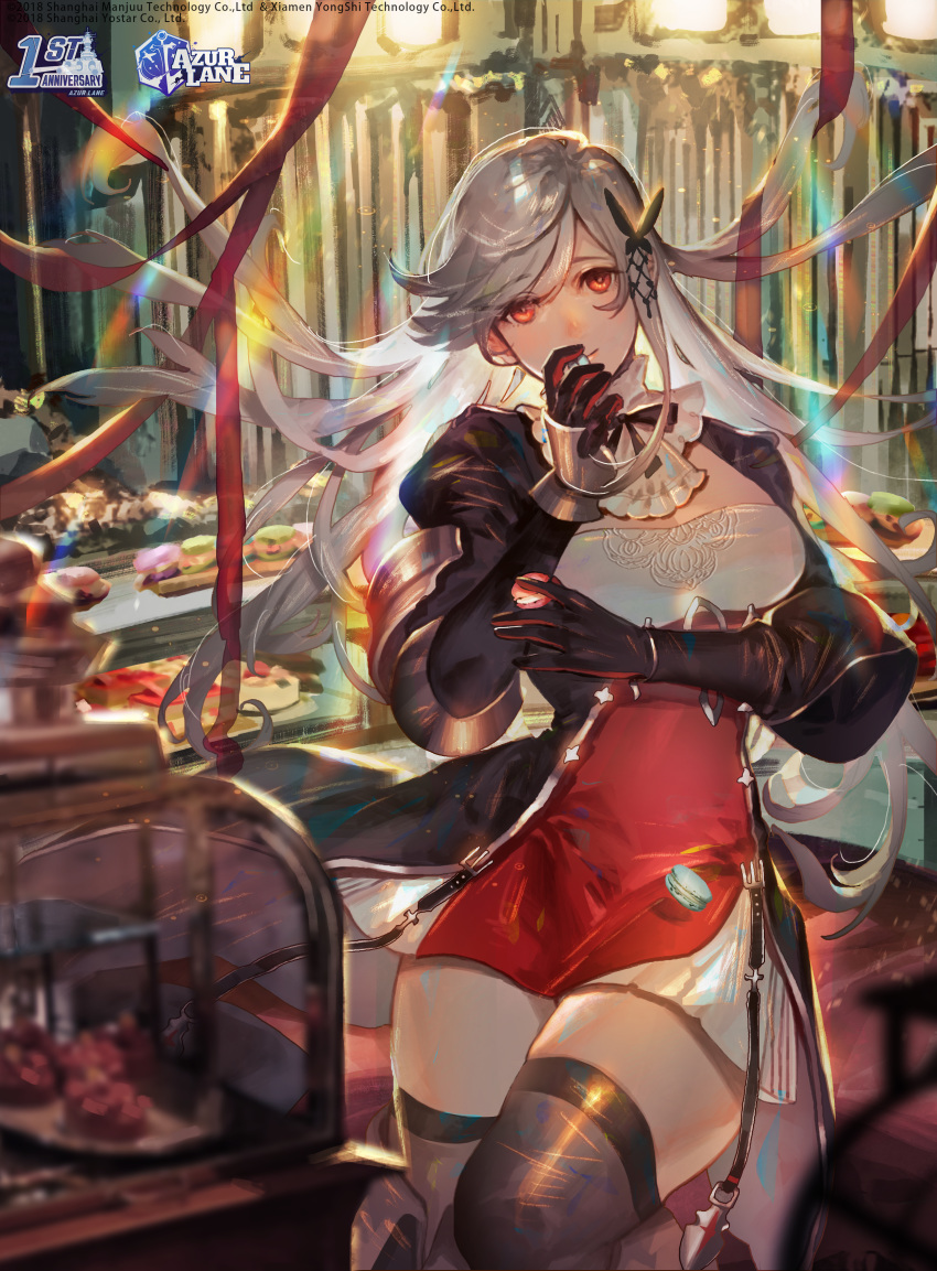 1girl absurdres azur_lane black_legwear breasts cake cleavage cleavage_cutout doughnut dunkerque_(azur_lane) english_commentary food fori gloves grey_hair hair_ornament highres indoors long_hair looking_at_viewer macaron orange_eyes sidelocks silver_hair smile sweets thighhighs thighs