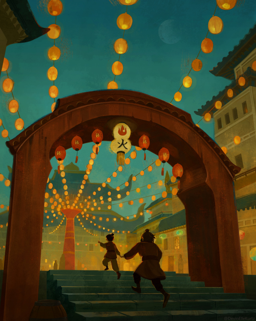 2boys arch avatar:_the_last_airbender avatar_(series) barrel devin_elle_kurtz evening father_and_son hair_bun highres holding_hands iroh lantern lu_ten male_focus moon multiple_boys pagoda pointing scenery sky stairs town walking younger