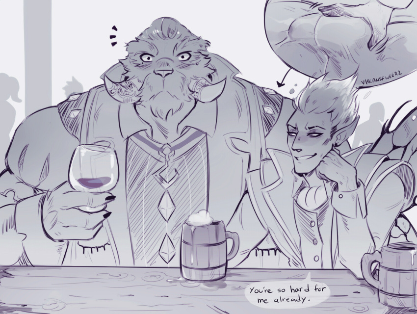 alcohol anthro bar beer beverage black_and_white bulge clothed clothing dialogue dota_underlords duo english_text erection facial_hair fairy fire flaming_hair hobgen_(dota_underlords) humanoid jull_(dota_underlords) male male/male mammal marine monochrome muscular muscular_male pinniped pseudo_hair slightly_chubby substance_intoxication surprise surprised_expression teasing text tuft tusks under_table vhkansfweer wine