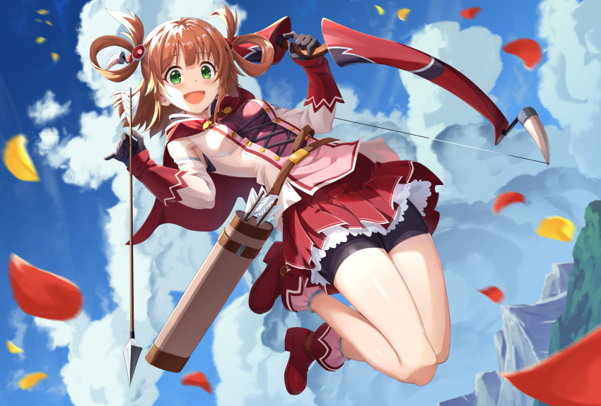 1girl :d absurdres arrow_(projectile) bangs bike_shorts black_gloves blue_sky blurry boots bow_(weapon) brown_hair capelet cloud cloudy_sky commentary dutch_angle eyebrows_visible_through_hair gloves green_eyes hair_ornament hair_rings highres holding holding_arrow holding_bow_(weapon) holding_weapon jumping legs_up long_sleeves looking_at_viewer medium_hair miniskirt mountain open_mouth petals petticoat pink_legwear pink_shirt pleated_skirt princess_connect! princess_connect!_re:dive quiver red_capelet red_footwear red_skirt rino_(princess_connect!) shirt shorts shorts_under_skirt skirt sky smile socks solo weapon yansun