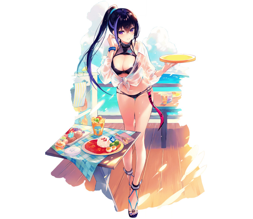 1girl artist_request beach bikini black_bikini blush breasts choker cleavage collarbone command_killers_(phantom_of_the_kill) cup dark_blue_hair day deck eyebrows_visible_through_hair food forcas fork fruit full_body hair_between_eyes halter_top halterneck highres holding holding_plate large_breasts leaning_forward light_blue_hair long_hair looking_at_viewer multicolored_hair navel phantom_of_the_kill plate ponytail purple_eyes railing rice sandals see-through shirt spoon standing swimsuit table towel transparent_background tray tree two-tone_hair water watercraft wet wet_clothes wet_shirt wristband