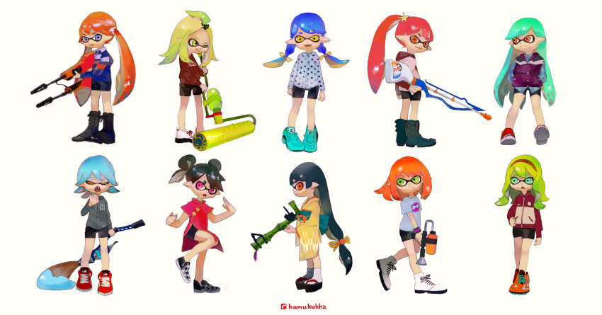 6+girls :d ankle_boots artist_name bike_shorts black_footwear black_hair blue_hair blue_jacket boots braid china_dress chinese_clothes clog_sandals closed_eyes closed_mouth cross-laced_footwear double_bun dress green_eyes green_hair green_sash gun hairband hands_in_pockets highres holding holding_gun holding_weapon hood hoodie inkling jacket japanese_clothes kimono kukka long_hair looking_at_viewer low-tied_long_hair multiple_girls obi open_mouth orange_eyes orange_footwear orange_hair paint_can paint_roller parted_lips pointy_ears ponytail purple_eyes red_dress red_footwear red_hair red_sweater sash shoes simple_background smile splatoon_(series) splatoon_1 standing standing_on_one_leg sweater tabi tentacle_hair twin_braids twintails very_long_hair weapon white_background yellow_eyes yellow_kimono
