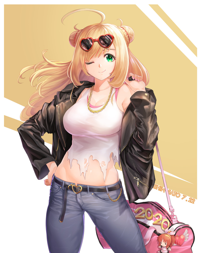 1girl 2020 ;) abe_nana ahoge bag bag_charm bangs belt belt_buckle black_jacket blonde_hair braid breasts buckle character_doll character_name charm_(object) cleavage closed_mouth collarbone cowboy_shot denim double_bun etidekailo eyebrows_visible_through_hair eyewear_on_head green_eyes hand_on_hip heart heart-shaped_eyewear highres holding holding_bag idolmaster idolmaster_cinderella_girls jacket jeans jewelry large_breasts long_hair long_sleeves looking_at_viewer midriff nail_polish necklace off_shoulder one_eye_closed open_clothes open_jacket pants pink_nails red-tinted_eyewear satou_shin shirt single_bare_shoulder smile sunglasses swept_bangs tank_top torn_clothes torn_shirt two-tone_background zipper_pull_tab