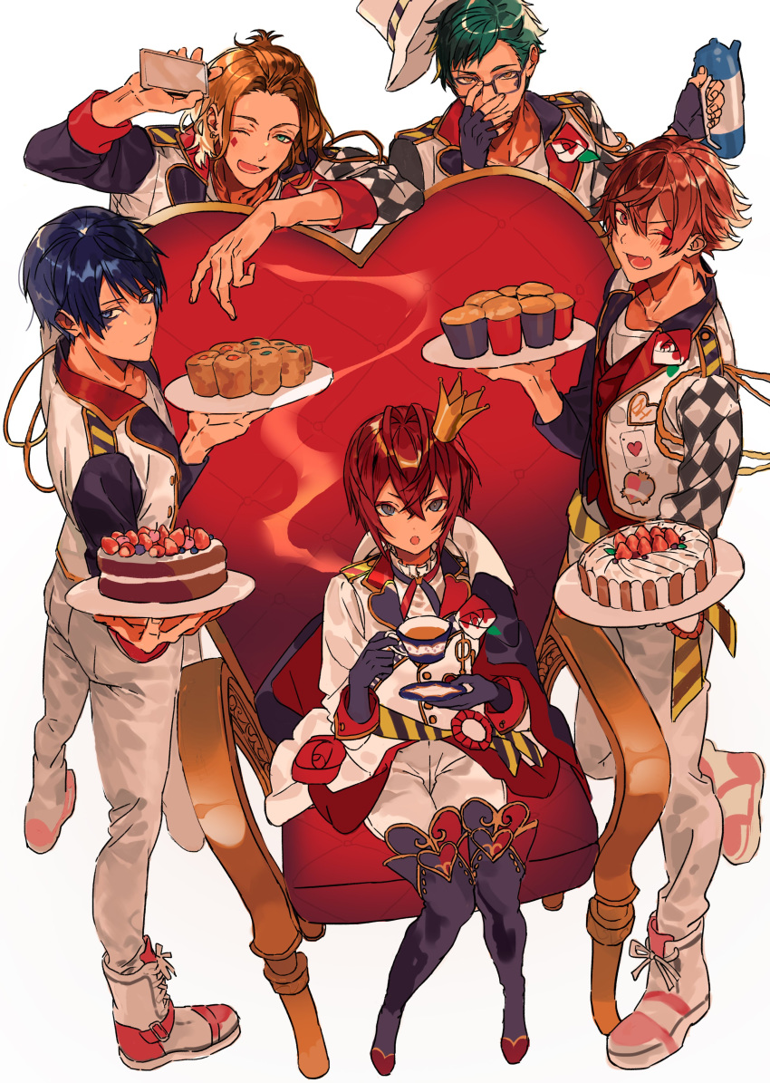 5boys absurdres ace_trappola blue_eyes blue_hair boots cake cater_diamond chair crown deuce_spade food gloves green_hair hair_between_eyes hat heart highres jacket looking_at_viewer male_focus mini_crown muffin multiple_boys nana_tetra one_eye_closed open_mouth orange_hair red_hair riddle_rosehearts school_uniform short_hair smile tea thigh_boots thighhighs trey_clover twisted_wonderland white_background