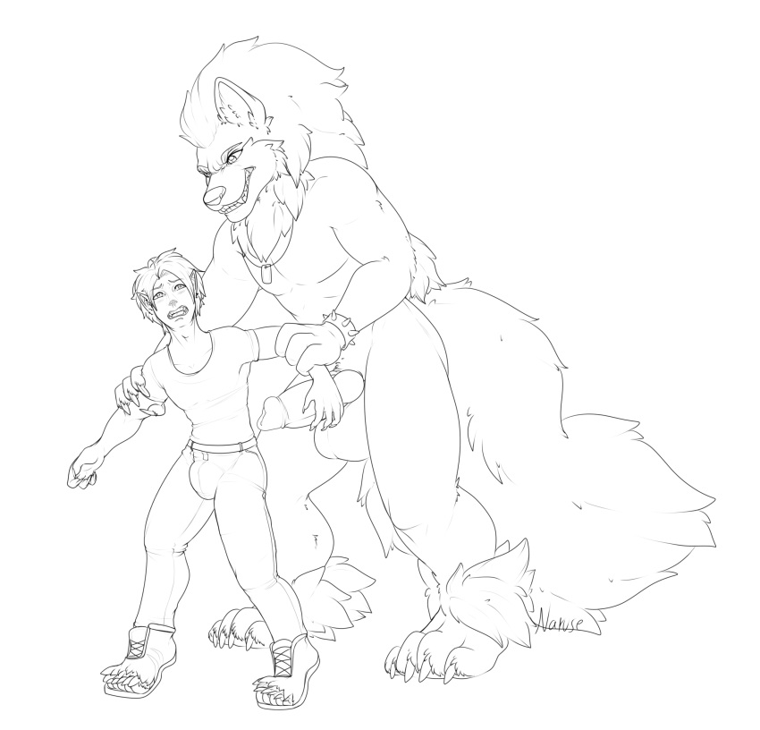 anthro arcanine balls big_balls big_feet bulge canid canine clothing duo faust feet genitals grin hi_res human humanoid knot male male/male mammal mid_transformation monochrome muscular narusewolf nintendo paws penis pok&eacute;mon pok&eacute;mon_(species) sequence size_difference smile swelling torn_clothing transformation video_games