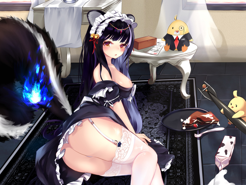 1girl absurdres ass azur_lane bare_shoulders bell black_hair breasts fallen_down frilled_headband garter_straps highres huge_filesize large_breasts long_hair long_tail looking_at_viewer maid manjuu_(azur_lane) milk milk_carton monocle naganami_(azur_lane) naganami_(long_waves_of_happiness)_(azur_lane) nekodama2000 rug skunk_ears skunk_girl skunk_tail solo tail thighhighs thighs vase waitress white_legwear