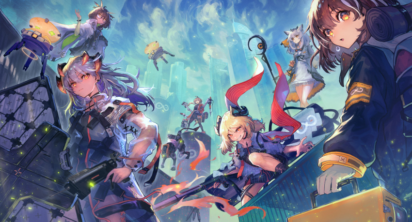 6+girls arknights black_jacket brown_hair building choker cityscape cloud coat commentary_request day dragon_horns dress drone flamethrower gloves highres holding horns ifrit_(arknights) jacket labcoat long_hair long_sleeves looking_at_viewer magallan_(arknights) mayer_(arknights) multiple_girls nijimaarc outdoors ptilopsis_(arknights) rhine_lab_(arknights) rhine_lab_logo saria_(arknights) see-through shield short_hair silence_(arknights) silver_hair staff weapon white_coat white_dress white_gloves