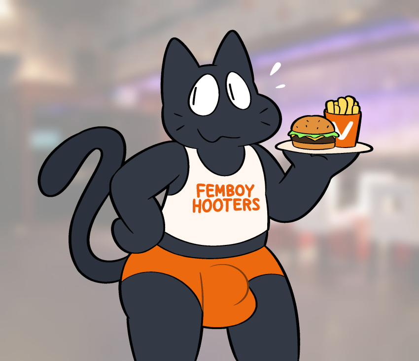 anthro birdvian blurred_background bottomwear bulge burger cat_(birdvian) clothing crop_top domestic_cat felid feline felis femboy_hooters food fries hi_res hotpants male mammal shirt shorts solo standing topwear