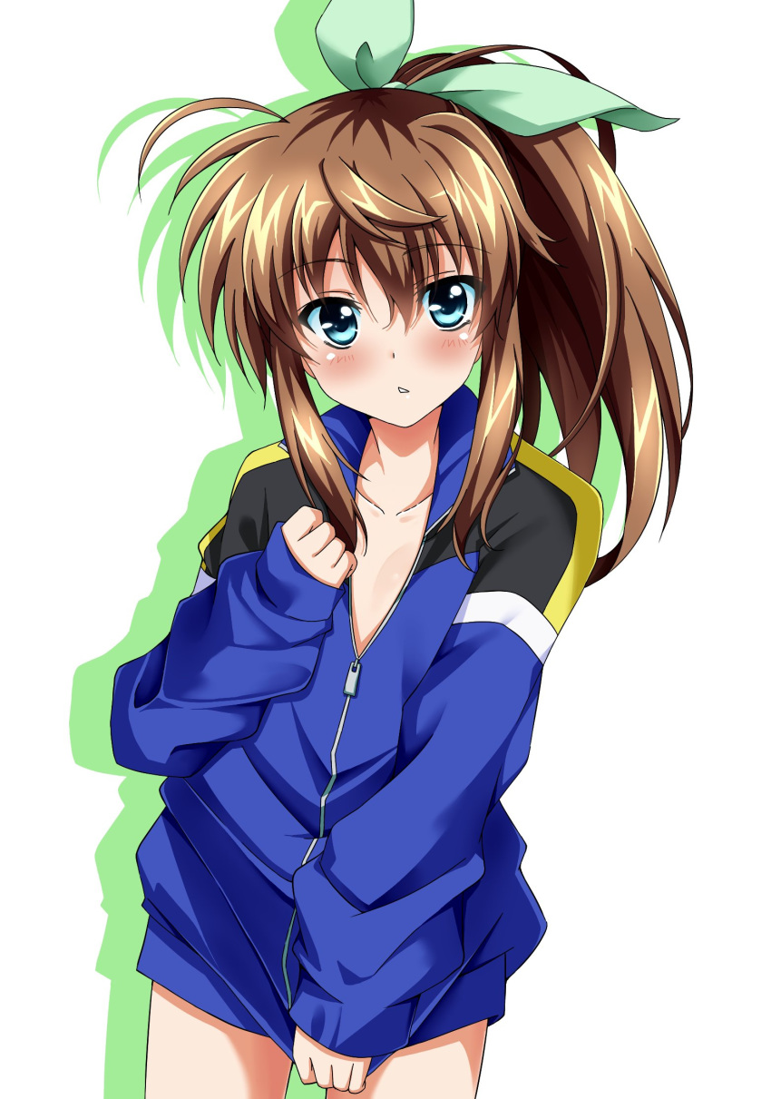 1girl bangs blue_eyes blue_jacket blush brown_hair commentary cowboy_shot eyebrows_visible_through_hair fuuka_reventon green_ribbon hair_ribbon highres jacket jacket_tug long_sleeves looking_at_viewer lyrical_nanoha medium_hair naked_track_jacket parted_lips partially_unzipped ponytail ribbon silhouette simple_background sleeves_past_wrists solo standing track_jacket vivid_strike! white_background yorousa_(yoroiusagi) zipper