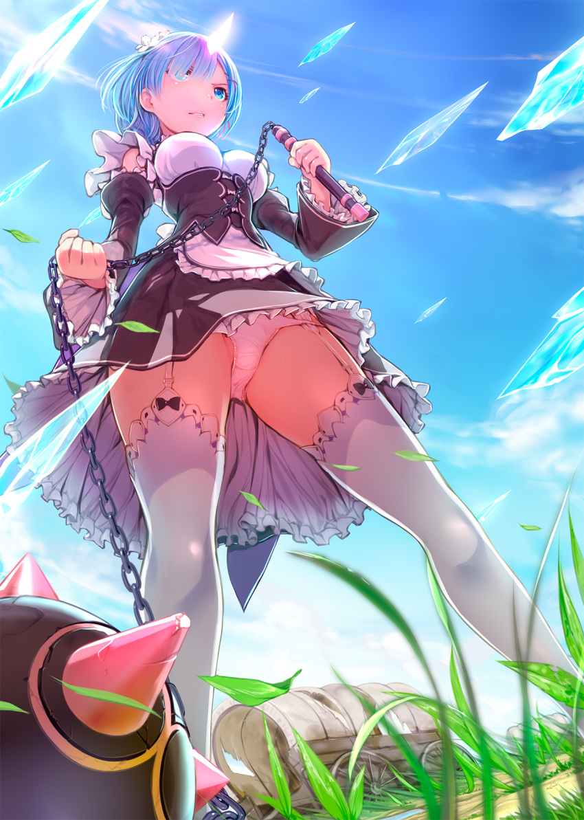 1girl angry apron bangs blue_eyes blue_hair blue_sky blush breasts cloud cloudy_sky commentary_request crystal day detached_sleeves dress feet_out_of_frame flail floating floating_object frilled_dress frilled_sleeves frills from_below ground_vehicle hair_ornament hair_over_one_eye highres holding holding_weapon legs_apart maid maid_headdress medium_breasts mikazuki_akira! morning_star outdoors panties pantyshot parted_lips re:zero_kara_hajimeru_isekai_seikatsu rem_(re:zero) short_hair sky solo thighhighs underwear waist_apron weapon white_legwear x_hair_ornament