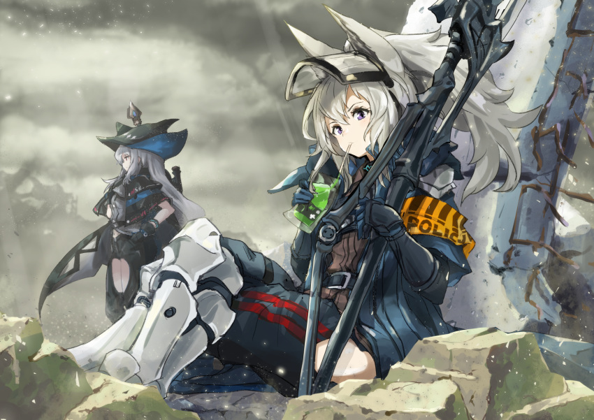 2girls animal_ears arknights bangs black_gloves black_headwear blue_jacket cloud commentary_request drinking expressionless full_body gloves grani_(arknights) hair_between_eyes hat highres holding horse_ears jacket long_hair looking_at_viewer multiple_girls open_clothes open_jacket outdoors pants ponytail purple_eyes red_eyes shirt silver_hair sitting skadi_(arknights) standing thigh_cutout weapon yu-ves