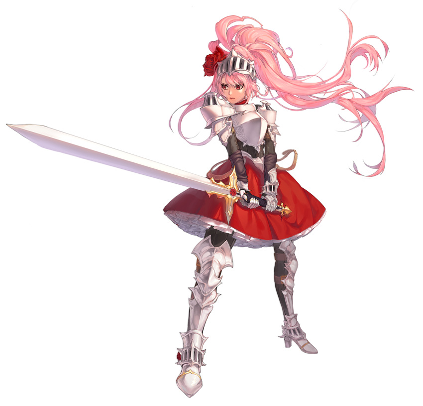 1girl armor breastplate closed_mouth flower frills gauntlets greaves hair_flower hair_ornament holding holding_sword holding_weapon knight long_hair original pauldrons pink_hair pink_lips red_eyes red_flower red_rose red_skirt rose rwael shoulder_armor simple_background skirt solo standing sunrise_stance sword weapon white_background