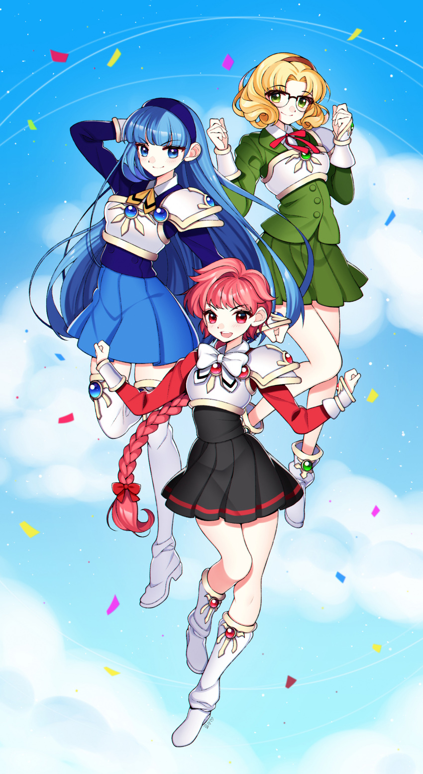 2girls absurdres blue_eyes blue_hair bow braid breastplate brown_hair confetti eyebrows_visible_through_hair full_body glasses hair_bow hairband highres hououji_fuu loggi long_hair looking_at_viewer magic_knight_rayearth multiple_girls muneate open_mouth pleated_skirt red_eyes ryuuzaki_umi school_uniform shidou_hikaru short_hair single_braid skirt smile teeth