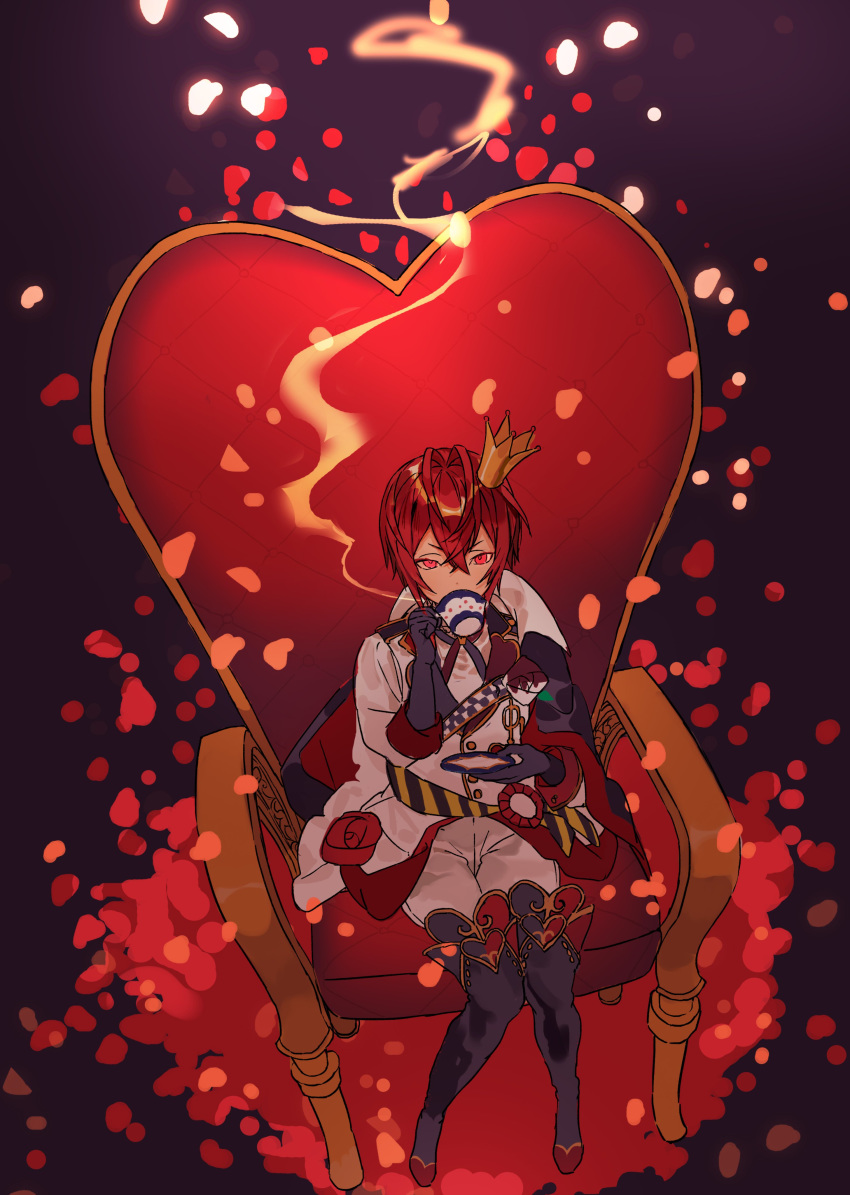 1boy absurdres bangs black_gloves boots chair crown flower gloves hair_between_eyes highres jacket long_sleeves looking_at_viewer male_focus mini_crown nana_tetra petals red_hair riddle_rosehearts rose rose_petals short_hair simple_background sitting solo thigh_boots thighhighs twisted_wonderland