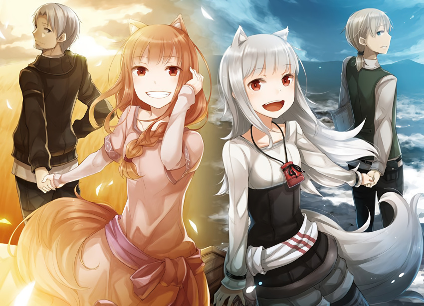 animal_ears ayakura_juu craft_lawrence fang horo male myuri_(spice_and_wolf) ookami_to_koushinryou orange_hair red_eyes third-party_edit tote_col white_hair wolfgirl