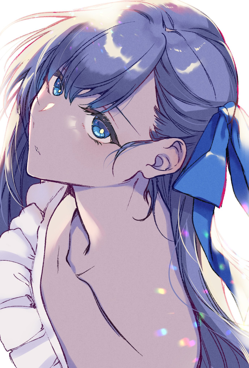 1girl bangs bare_shoulders blue_eyes blue_ribbon breasts collarbone fate/grand_order fate_(series) frills hair_ribbon highres long_hair long_sleeves looking_at_viewer meltryllis meltryllis_(swimsuit_lancer)_(fate) off-shoulder_swimsuit one-piece_swimsuit parted_lips pochi_(pochi-goya) purple_hair ribbon simple_background sleeves_past_fingers sleeves_past_wrists small_breasts swimsuit very_long_hair wet