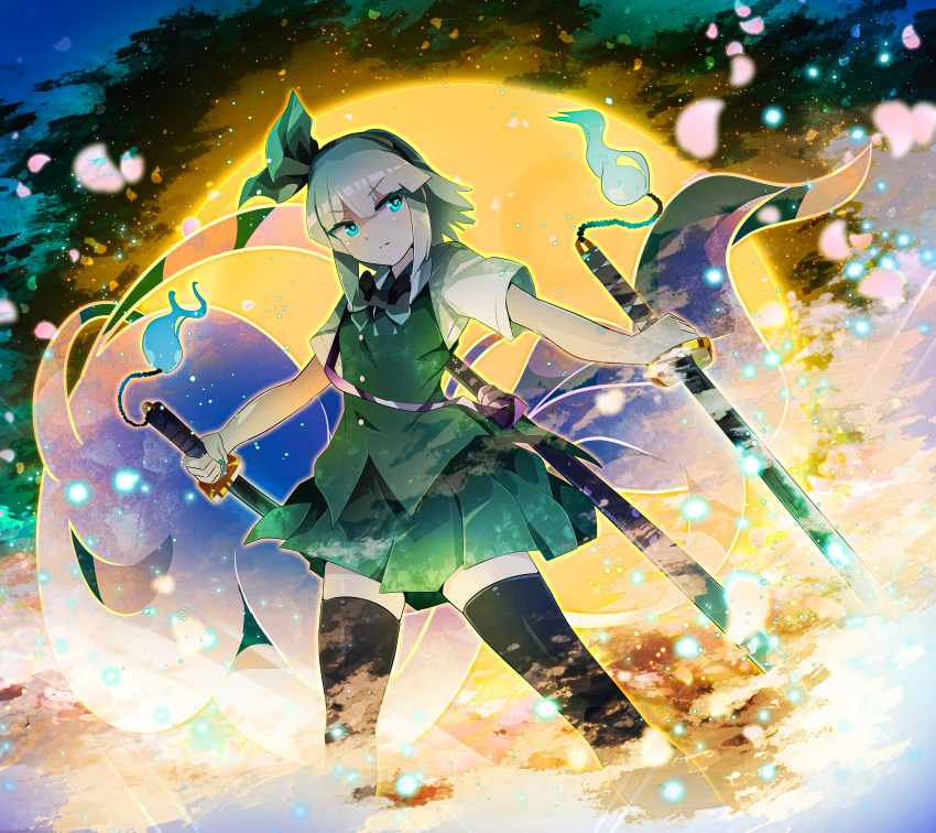 1girl absurdres aqua_eyes bangs black_bow black_hairband black_legwear black_neckwear bow bowtie buttons cherry_blossoms closed_mouth eyebrows_visible_through_hair green_skirt green_vest hairband highres holding holding_sword holding_weapon huge_filesize konpaku_youmu konpaku_youmu_(ghost) kuro_nasu moon multiple_swords petals pleated_skirt sheath shirt short_hair short_sleeves silver_hair skirt sword thighhighs touhou v-shaped_eyebrows vest weapon white_shirt white_sleeves zettai_ryouiki