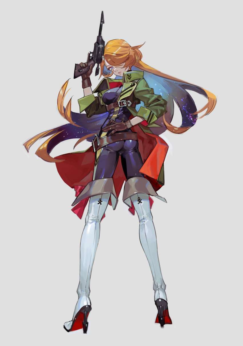 1girl ass belt blue_eyes bodysuit boots breasts brown_gloves coat colored_inner_hair eyelashes facial_scar from_behind full_body gloves gun hair_over_one_eye hand_on_hip harlock_saga high_heel_boots high_heels highres holding holding_gun holding_weapon lips long_hair looking_back multicolored_hair nishihara_isao nose_scar orange_hair personification scar shiny shiny_clothes skin_tight solo spandex standing thigh_boots thighhighs trefoil very_long_hair weapon wind wind_lift