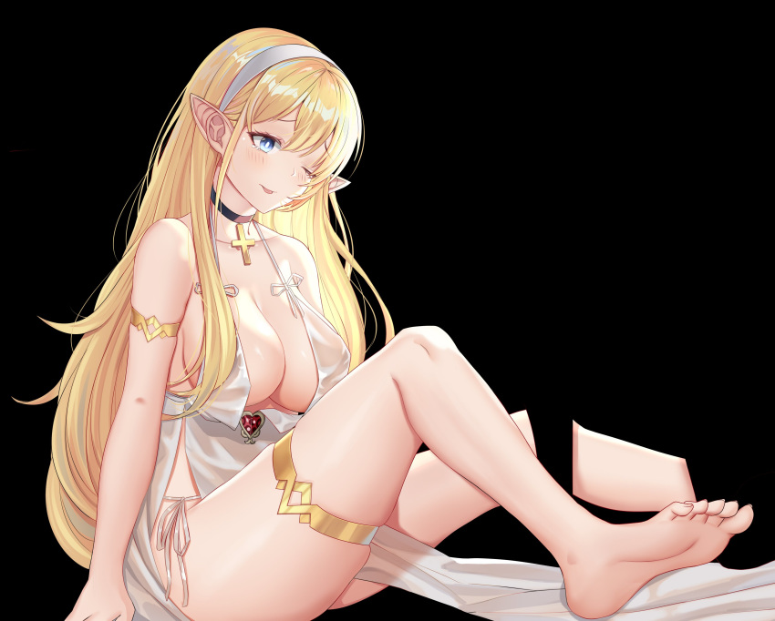 1girl absurdres arm_support armlet azur_lane bangs bare_shoulders barefoot black_background black_choker blonde_hair blue_eyes blush breasts choker cleavage cross cross_necklace dress elf hair_between_eyes hairband highres jewelry large_breasts long_hair necklace north_carolina_(azur_lane) one_eye_closed piukute062 pointy_ears revealing_clothes side-tie_bottom sitting thighlet thighs toes tongue tongue_out white_dress white_hairband