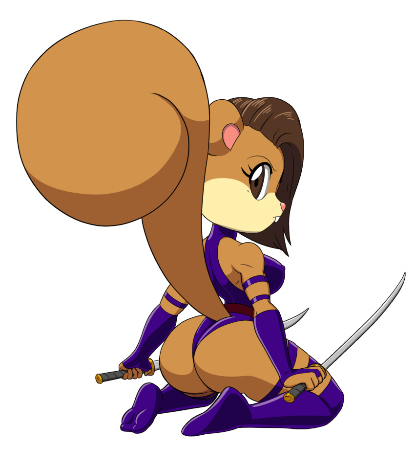 2020 anthro brown_eyes brown_hair buckteeth butt clothed clothing cosplay crossover crossover_cosplay digital_media_(artwork) dual_wielding eyelashes female hair hi_res holding_object holding_sword holding_weapon katana looking_back mammal marvel melee_weapon nickelodeon pink_nose psylocke rodent sandy_cheeks sciurid simple_background solo spongebob_squarepants sword tansau teeth tree_squirrel weapon white_background x-men