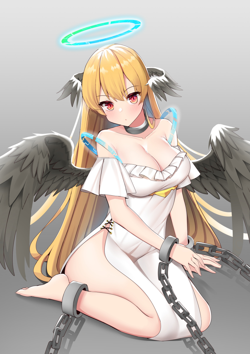 2020 absurd_res angel blonde_hair blush breasts chained cleavage clothed clothing collar corin feathered_wings feathers female hair halo hi_res humanoid kneeling looking_at_viewer red_eyes simple_background solo winged_humanoid wings
