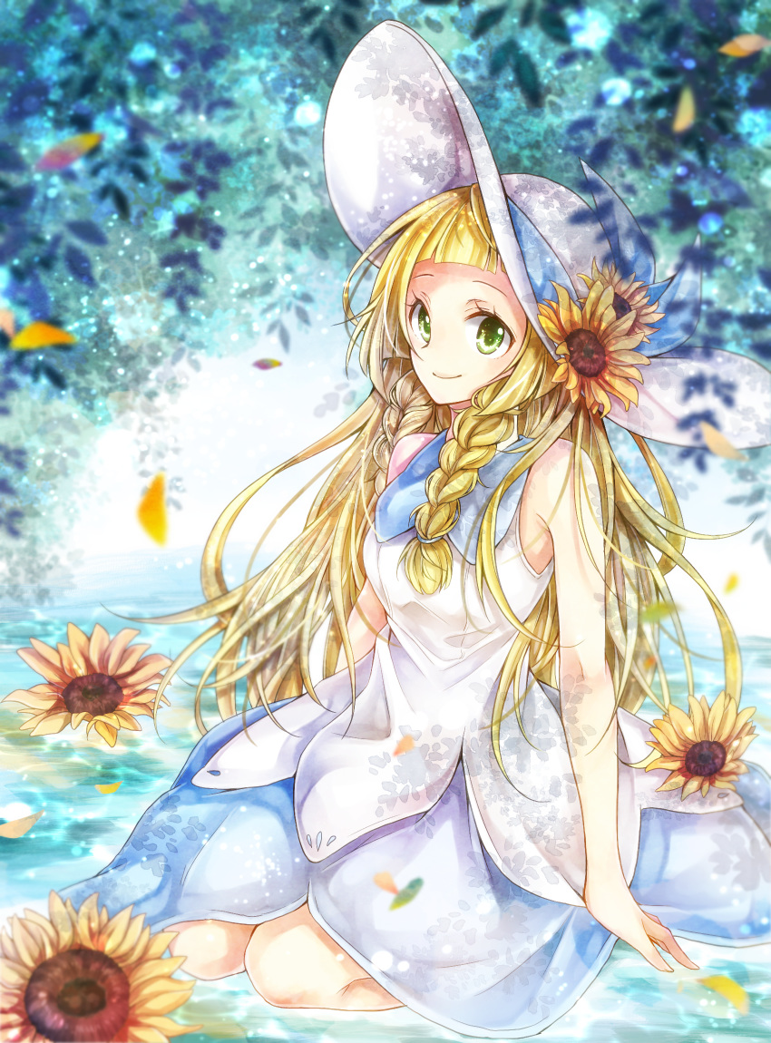 1girl bangs bare_shoulders blonde_hair blunt_bangs braid breasts closed_mouth commentary dress falling_petals flower green_eyes hair_flower hair_ornament hat hat_flower highres lillie_(pokemon) long_hair looking_at_viewer petals petals_on_liquid pokemon pokemon_(game) pokemon_sm seiza sitting sleeveless small_breasts smile solo sun_hat sundress sunflower twin_braids white_dress white_headwear yomogi_(black-elf)