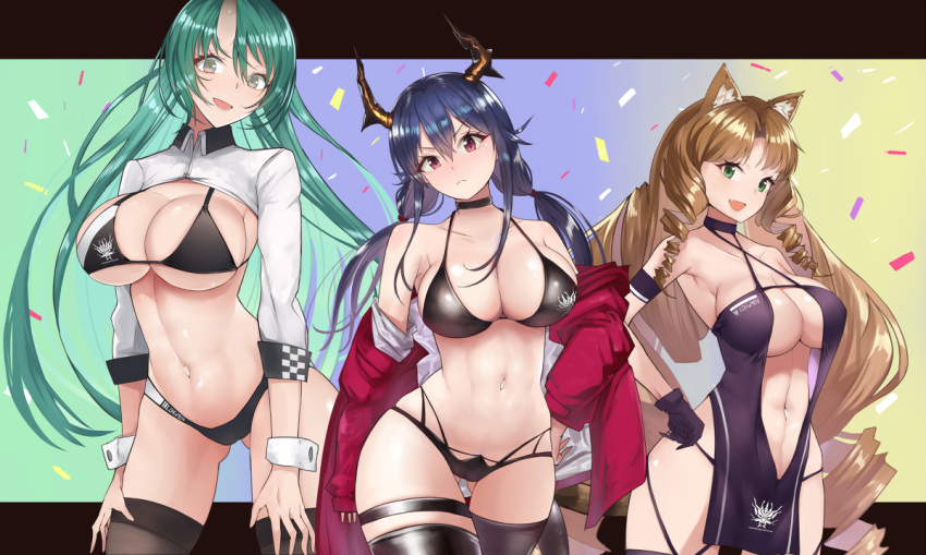 &gt;:( 3girls :d animal_ear_fluff animal_ears arknights armband ass_visible_through_thighs atago_(azur_lane) atago_(azur_lane)_(cosplay) atago_(stunning_speedster)_(azur_lane) azur_lane bangs bare_arms bare_shoulders bikini black_bikini black_choker black_gloves black_legwear black_swimsuit blue_background blue_hair blush breasts brown_hair ch'en_(arknights) choker cleavage collarbone commentary_request confetti cosplay cosplay_request cowboy_shot criss-cross_halter dragon_horns drill_hair drill_locks gloves gradient gradient_background great_lungmen_logo green_background green_eyes green_hair hair_between_eyes halterneck hand_on_hip head_tilt horns hoshiguma_(arknights) jacket large_breasts letterboxed long_hair long_sleeves looking_at_viewer low_twintails multiple_girls navel no_hat no_headwear off_shoulder one-piece_swimsuit oni_horns open_clothes open_jacket open_mouth race_queen red_eyes red_jacket shrug_(clothing) single_horn sleeve_cuffs smile standing stomach swimsuit swire_(arknights) taihou_(azur_lane) taihou_(azur_lane)_(cosplay) taihou_(enraptured_companion)_(azur_lane) tail thigh_strap thighhighs thighs tiger_ears tiger_tail twintails v-shaped_eyebrows very_long_hair wrist_cuffs yellow_background yuzuruka_(bougainvillea)