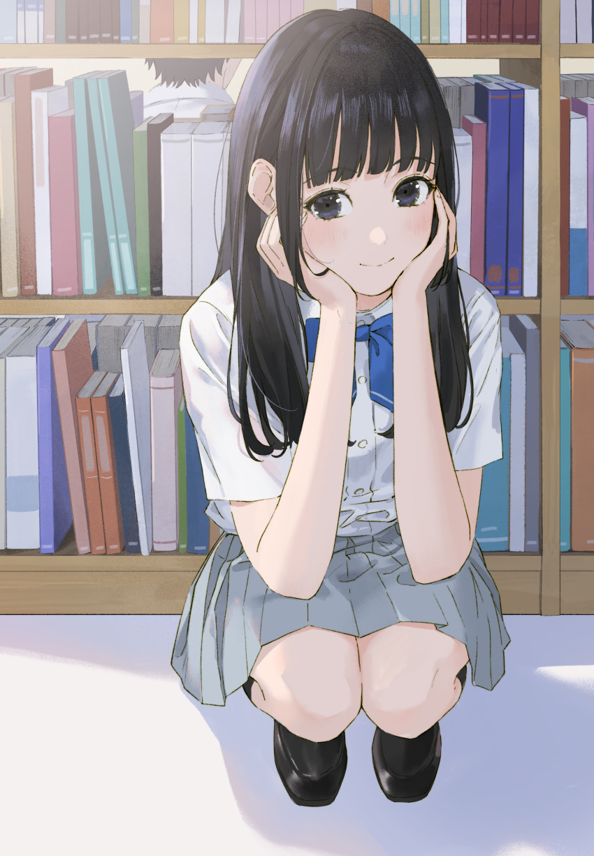 1boy 1girl absurdres black_eyes black_hair book bookshelf hands_on_own_face highres library long_hair looking_at_viewer original sako_(35s_00) school_uniform squatting uniform