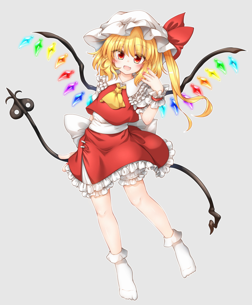 1girl ascot blonde_hair bloomers bow crystal eyebrows_visible_through_hair eyes_visible_through_hair fang flandre_scarlet frilled_shirt_collar frilled_skirt frills hat highres laevatein m9kndi mob_cap monochrome_background one_side_up open_mouth puffy_short_sleeves puffy_sleeves red_bow red_eyes red_ribbon red_skirt ribbon short_hair short_sleeves simple_background skirt smile socks touhou underwear wings yellow_neckwear