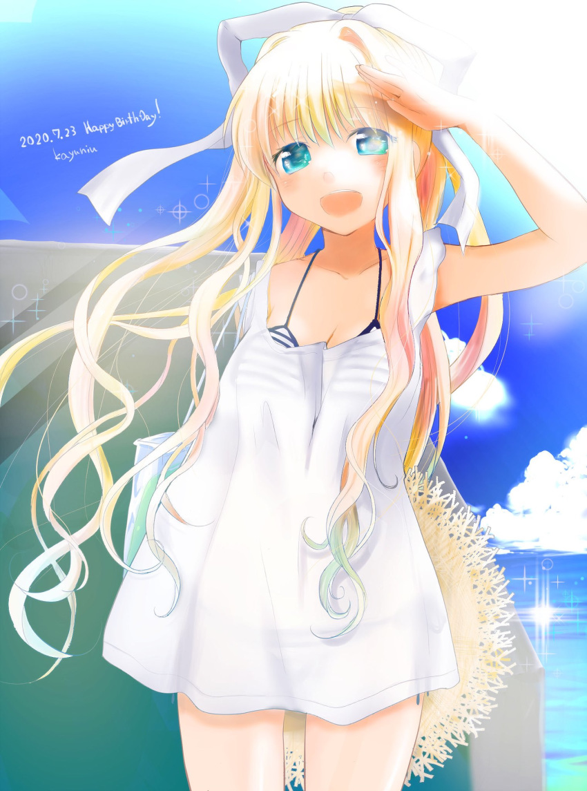 1girl air bikini bikini_under_clothes blonde_hair blue_eyes blue_sky cloud cowboy_shot dated day dress happy_birthday hat hat_removed headwear_removed highres horizon kamio_misuzu kayune_niu long_hair ocean outdoors ponytail salute see-through_dress short_hair sky solo standing straw_hat striped striped_bikini sun_hat swimsuit swimsuit_under_clothes white_dress