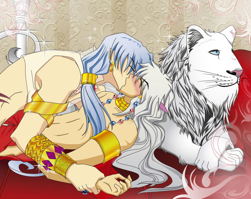 absurd_res animal_humanoid anthro bed blush brother brothers canid canine canis clothed clothing demon domestic_dog duo ear_piercing furniture hair half-demon hi_res holding_down humanoid humanoid_pointy_ears hybrid incest_(lore) inuyasha inuyasha_(character) kissing lying male male/male mammal monsterdongles on_back on_bed piercing sesshomaru sibling simple_background topless white_hair