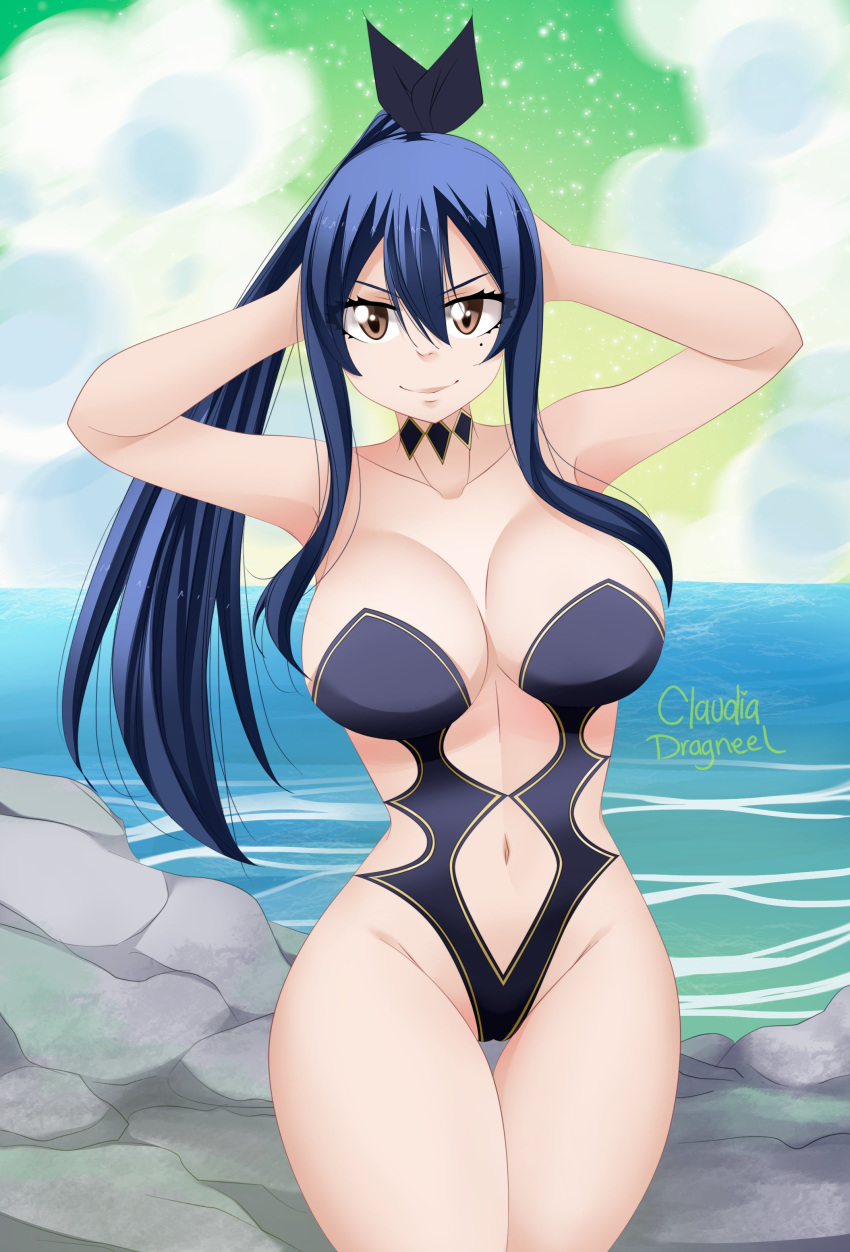1girl absurdres arms_behind_head arms_up artist_name black_hair black_ribbon black_swimsuit breasts choker claudia_dragneel cleavage eden's_zero hair_ribbon highres homura_kogetsu impossible_clothes impossible_swimsuit kogetsu_homura large_breasts long_hair looking_at_viewer one-piece_swimsuit onsen red_eyes ribbon sky solo star_(sky) starry_sky steam swimsuit tagme